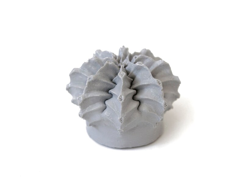 Pode incluir: Uma escultura de cacto de cer&acirc;mica cinza com um design espiral &uacute;nico. O cacto &eacute; pequeno e compacto, com uma forma arredondada.
