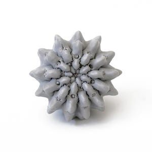 May include: A light gray, spherical object with a complex, repeating geometric pattern of pointed, star-like protrusions radiating from the center. The surface features a dense, textured arrangement of small, interlocking spikes in a uniform color.