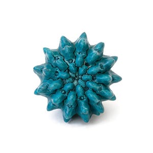May include: A teal-colored, star-shaped object with a textured, multi-layered surface. The form features numerous pointed, petal-like protrusions radiating from a dense, intricate center, creating a complex, three-dimensional geometric structure.