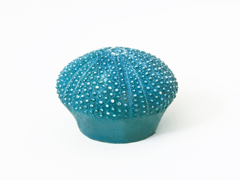 May include: A teal blue sea urchin shaped ceramic ornament with white dots.