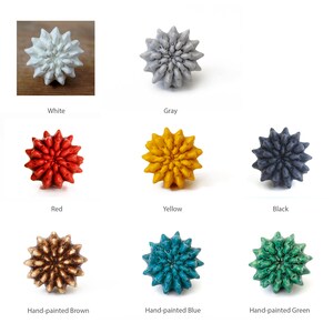 Pu&ograve; includere: Nove pomelli in ceramica di vari colori, tra cui bianco, grigio, rosso, giallo, nero, marrone, blu e verde. I pomelli hanno la forma di un fiore stilizzato con pi&ugrave; punte.