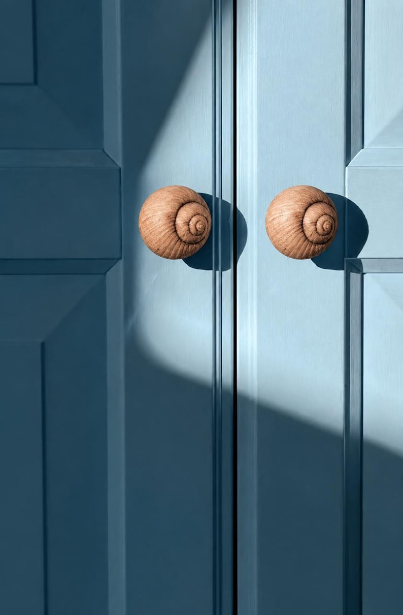 May include: Two round cabinet knobs shaped like light brown snail shells with detailed spiral textures, mounted on a pair of matte blue cabinet doors with vertical paneling and a distinct shadow cast across the surface by the light.