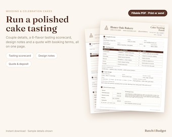 Wedding Cake Tasting Form for Bakers, Fillable PDF Tasting Scorecard and Quote Sheet