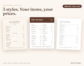 Bakery Price List Printable in 3 Styles, Editable Menu Template Fillable PDF