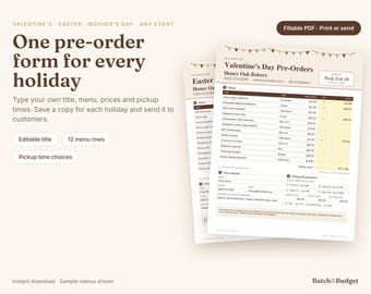 Any Holiday Bakery Pre Order Form, Fillable PDF for Valentines, Easter and Events