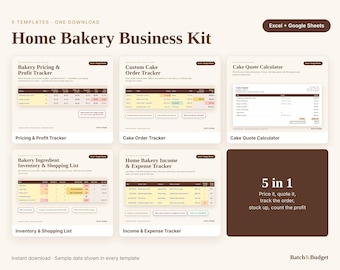 Home Bakery Business Kit, 5 Spreadsheets for Pricing, Quotes, Orders, Inventory and Income