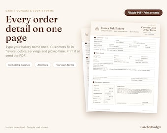 Cake Order Form Printable for Home Bakers, Fillable PDF with Cupcake and Cookie Form