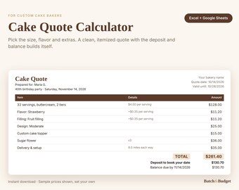 Custom Cake Quote Calculator, Excel & Google Sheets Pricing Tool (Digital Download)