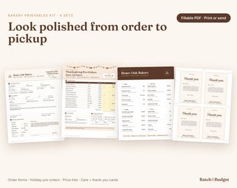 Bakery Printables Kit with Cake Order Form and Price List, Fillable PDF Bundle