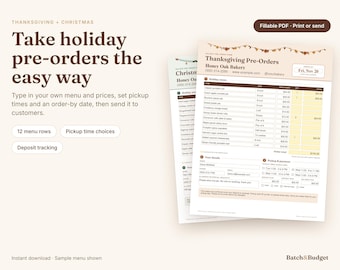 Holiday Bakery Pre Order Form for Thanksgiving and Christmas, Fillable PDF Printable