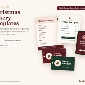 Modelo de cardápio de Natal para confeitaria no Canva, etiquetas para caixas de biscoitos natalinos, postagem de pré-encomenda para Instagram, lista de preços editável, placa de mercado