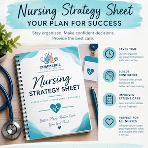May include: A spiral-bound Nursing Strategy Sheet with a white cover featuring a blue and orange brain logo, the text Nursing Strategy Sheet, and the words Assess, Plan, Implement, Evaluate. Includes a blue stethoscope and a blue pen.