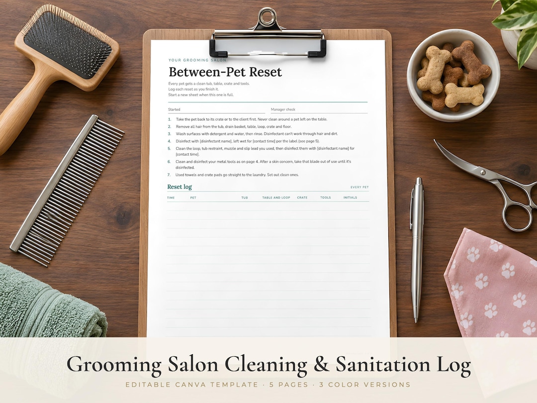 Grooming Salon Cleaning & Sanitation Log | Dog Grooming Editable Canva ...