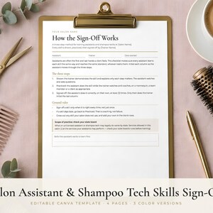 Checklist voor de opleiding van salonassistenten | Bewerkbaar Canva-formulier voor de aftekening van vaardigheden als shampootechnicus voor kapsalons, assistentenprogramma