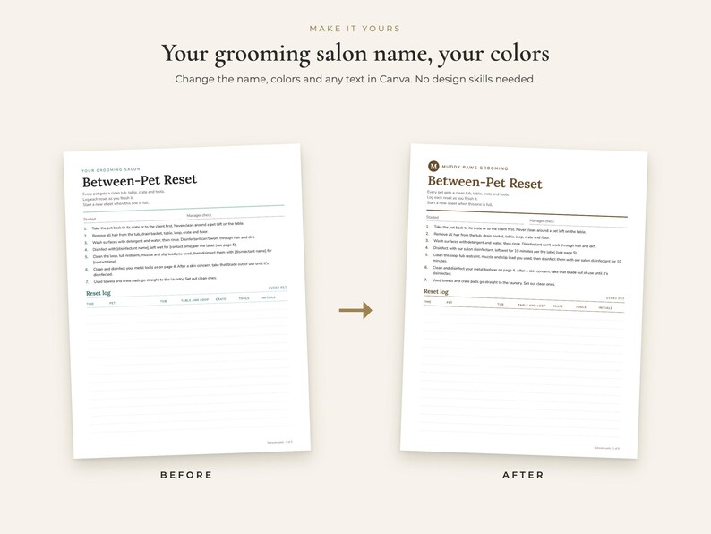 Grooming Salon Cleaning & Sanitation Log | Dog Grooming Editable Canva ...