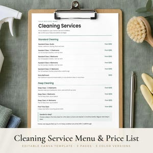May include: A white clipboard holding a Cleaning Services price list template, accompanied by a white spray bottle, a wooden scrub brush, a silver pen, yellow rubber gloves, and folded gray and blue cleaning cloths on a green surface.