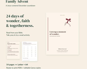 Peut inclure: Un ensemble de téléchargement numérique intitulé Family Advent par Cross & Canopy. Il comprend un PDF de 14 pages aux formats Letter et A4 avec un compte à rebours de 24 jours, des lectures bibliques, des activités et des prières.