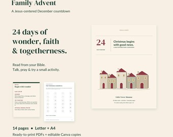 Peut inclure: Un ensemble de compte à rebours de l'Avent familial numérique comprenant 14 pages aux formats Lettre et A4. Le design inclut un Little Town Almanac avec des maisons aux toits rouges, des cartes quotidiennes, des activités et un suivi de compte à rebours avec le texte Cross & Canopy, Family Advent et Christmas begins with good news.