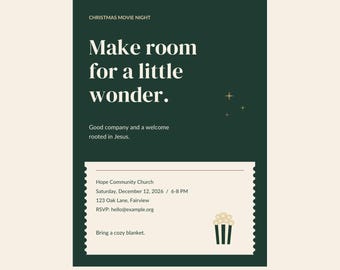 Peut inclure: Un modèle de flyer numérique vert foncé avec le texte Christmas Movie Night, Make room for a little wonder, Good company and a welcome rooted in Jesus, Hope Community Church, Saturday, December 12, 2026, 6-8 PM, 123 Oak Lane, Fairview, RSVP: hello@example.org, et Bring a cozy blanket.