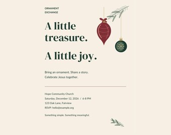 Peut inclure: Un modèle d'invitation numérique intitulé Treasures on the Tree avec du texte vert foncé, une boule rouge, une boule verte avec un flocon de neige et des branches de pin sur fond crème. Inclut les détails de l'événement.