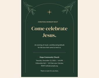 Peut inclure: Un modèle d'invitation numérique vert foncé pour une soirée de culte de Noël avec du texte doré, un cadre en arche et des illustrations de branches de pin. Le texte indique : Come celebrate Jesus. An evening of music, worship and gratitude for the love that came to meet us. Hope Community Church, Saturday, December 12, 2026, 6-8 PM, Fellowship Hall, 123 Oak Lane, Fairview, RSVP: hello@example.org, There is room for you here.