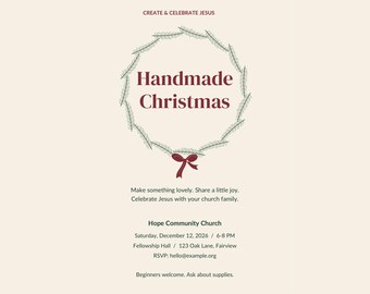 Peut inclure: Un modèle de flyer numérique pour un événement de Noël avec une couronne de pin verte et un nœud rouge. Le texte indique : CREATE & CELEBRATE JESUS, Handmade Christmas, Make something lovely. Share a little joy. Celebrate Jesus with your church family.
