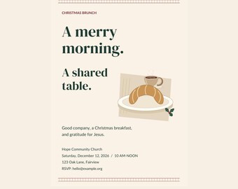 Peut inclure: Un modèle de flyer numérique intitulé Christmas at First Light avec le texte A merry morning. A shared table. Le design inclut un graphique d'un croissant sur une assiette avec une tasse de café et du houx, ainsi que les détails de l'événement.