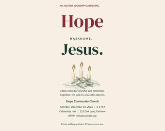 Peut inclure: Un ensemble de Noël numérique modifiable avec le texte Hope Has a Name et Jesus, accompagné d'une illustration de trois bougies allumées et de branches de pin. Le design inclut les détails d'un rassemblement de culte de l'Avent.