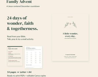 Peut inclure: Un ensemble de téléchargement numérique intitulé Family Advent par Cross & Canopy, comprenant un PDF imprimable de 14 pages et des fichiers Canva modifiables. Le document inclut une page de couverture, des cartes d'activités et un compte à rebours.