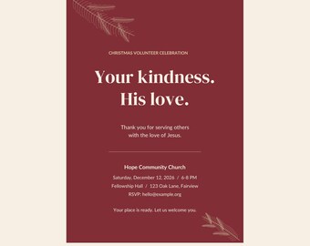 Peut inclure: Un modèle d'invitation numérique marron avec du texte blanc : Christmas Volunteer Celebration, Your kindness. His love. Thank you for serving others with the love of Jesus. Hope Community Church, Saturday, December 12, 2026, 6-8 PM, Fellowship Hall, 123 Oak Lane, Fairview, RSVP: hello@example.org, Your place is ready. Let us welcome you. Le design présente des dessins au trait fins de branches de pin dans les coins.