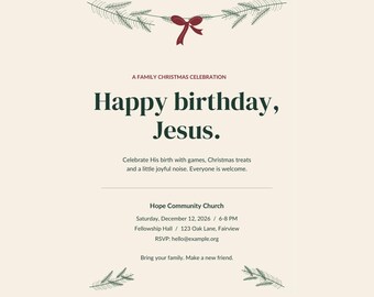 Peut inclure: Un ensemble de modèles d'invitation de Noël numérique intitulé Evergreen & Velvet. Le design présente du texte vert foncé, un nœud rouge et des illustrations de branches de pin sur un fond crème. Il inclut les détails d'une fête de Noël.