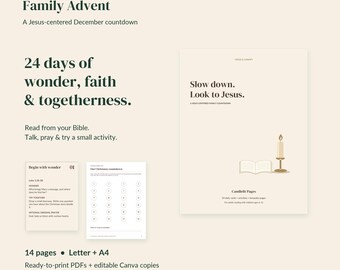 Peut inclure: Un téléchargement numérique intitulé Family Advent par Cross & Canopy comprenant un compte à rebours PDF de 14 pages. Le document inclut le texte Slow down. Look to Jesus, 24 days of wonder, faith & togetherness, avec un graphique de bougie et livre.