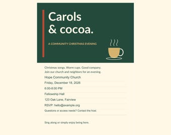Peut inclure: Un ensemble de modèles numériques pour une soirée de Noël communautaire Carols & Cocoa. Le design présente un graphique rectangulaire vert foncé avec une icône de tasse beige, du texte blanc et les détails de l'événement.