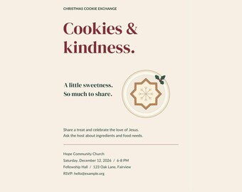 Peut inclure: Un modèle d'invitation numérique pour un échange de biscuits de Noël avec le texte Cookies & Kindness, A little sweetness. So much to share., et les détails de l'événement à Hope Community Church le 12 décembre 2026, avec un biscuit en étoile.