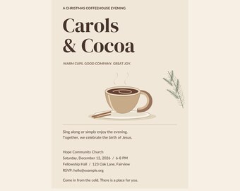 Peut inclure: Un modèle de flyer numérique beige intitulé Carols & Cocoa, présentant une illustration de tasse de café marron, une branche de pin et du texte détaillant une soirée café de Noël à Hope Community Church le 12 décembre 2026, de 18h à 20h.