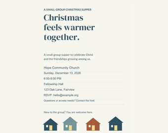 Peut inclure: Un modèle d'invitation pour un dîner de Noël modifiable avec le texte 'Christmas feels warmer together' et 'A small-group Christmas supper'. Le design présente quatre petites icônes de maison en bleu, bleu sarcelle et orange sur fond crème.