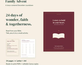 Peut inclure: Un ensemble de téléchargement numérique intitulé Family Advent par Cross & Canopy. Il comprend une page de couverture marron avec une icône de livre ouvert, une carte d'activité quotidienne et une feuille de compte à rebours numérotée.