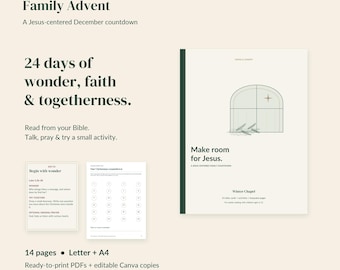 Peut inclure: Un ensemble de téléchargement numérique intitulé Family Advent par Cross & Canopy, comprenant un guide de compte à rebours de décembre de 14 pages centré sur Jésus. Inclut une page de couverture avec une illustration de chapelle et des fiches.