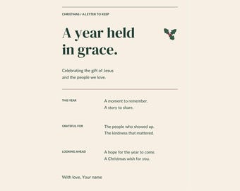 Peut inclure: Un ensemble de modèles de Noël Canva modifiables intitulé A Year Held in Grace par Cross & Canopy. Le document présente un texte vert foncé sur fond crème, incluant des sections pour This Year, Grateful For et Looking Ahead, avec une icône de houx.