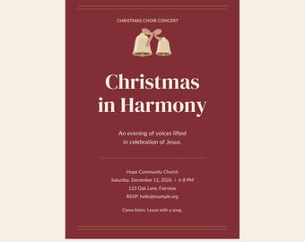 Peut inclure: Un modèle de flyer numérique bordeaux intitulé Christmas in Harmony pour un concert de chorale de Noël. Il présente deux cloches crème avec un nœud, les détails de l'événement pour Hope Community Church le 12 décembre 2026 et des coordonnées.