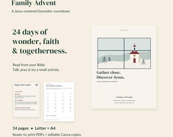 Peut inclure: Un téléchargement numérique intitulé Family Advent par Cross & Canopy. Il comprend 14 pages aux formats Letter et A4, proposant un compte à rebours de 24 jours avec activités, lectures bibliques et prières. La couverture illustre une fenêtre d'église.