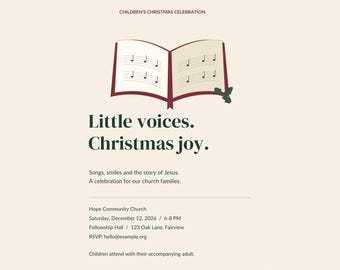 Peut inclure: Un ensemble de modèles numériques intitulé Little Voices, Christmas Joy avec une illustration de livre de musique ouvert et du houx. Le texte comprend les détails de l'événement pour une célébration de Noël le 12 décembre 2026.