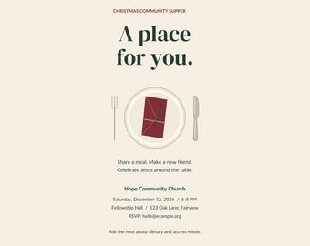 Peut inclure: Un modèle de flyer numérique pour un événement de Noël avec le texte "Christmas at the Table" et "A place for you." Le design inclut un graphique d'assiette, fourchette, couteau et serviette rouge avec un brin, et les détails de l'église.