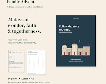Peut inclure: Un ensemble de téléchargement numérique intitulé Family Advent par Cross & Canopy. Il comprend une couverture bleu foncé avec une illustration de Bethléem, une feuille de compte à rebours de 24 jours et une page d'activité. Le texte indique Follow the story to Jesus.