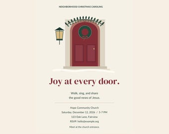 Peut inclure: Un modèle de flyer numérique intitulé Joy at Every Door présentant une porte rouge arquée avec une couronne verte, une lanterne noire et du texte détaillant un événement de chants de Noël à Hope Community Church le 12 décembre 2026.