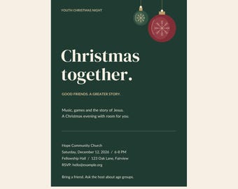 Peut inclure: Un modèle de flyer numérique vert foncé intitulé Christmas together avec des ornements de flocons de neige rouges et verts. Le texte inclut les détails de l'événement pour Hope Community Church le 12 décembre 2026, de 18h à 20h, à Fellowship Hall.