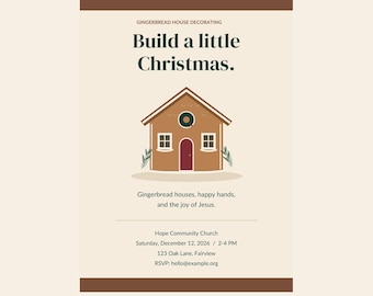 Peut inclure: Un modèle de flyer numérique intitulé Gingerbread & Grace avec une illustration de maison en pain d'épices marron, porte rouge et couronne verte. Le texte indique Build a little Christmas, Gingerbread houses, happy hands, and the joy of Jesus.