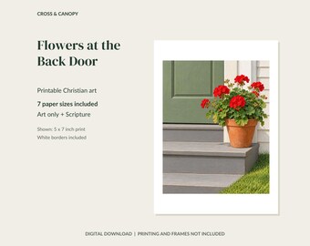 Blumen an der Hintertür – Druckbares Wandbild, Geranien-Tür im Cottage-Stil, Bibelvers (NKJV) + Illustration, 7 Papierformate