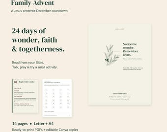 Peut inclure: Un ensemble de compte à rebours de l'Avent familial numérique intitulé Cross & Canopy. Comprend 14 pages de PDF imprimables et de fichiers Canva modifiables avec 24 jours d'activités, de lectures bibliques et de prières au format A4.