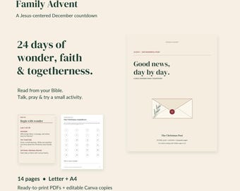 Peut inclure: Un ensemble de téléchargement numérique intitulé Family Advent par Cross & Canopy, proposant un compte à rebours de 24 jours centré sur Jésus. Inclut des PDF imprimables et des fichiers Canva modifiables avec des lectures bibliques.